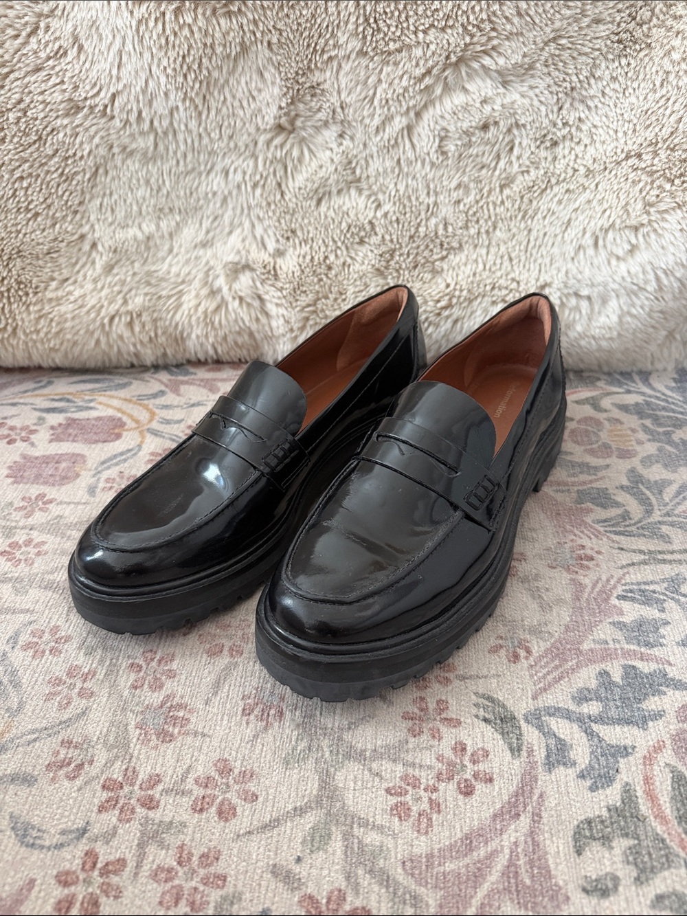 Reformation Black Patent Penny Loafers with Lug Sole